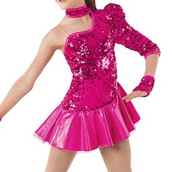 WEISSMAN Dance Costume hot pink sequin one sleeve CALL ME MAYBE 9243 SA adult - Picture 1 of 13